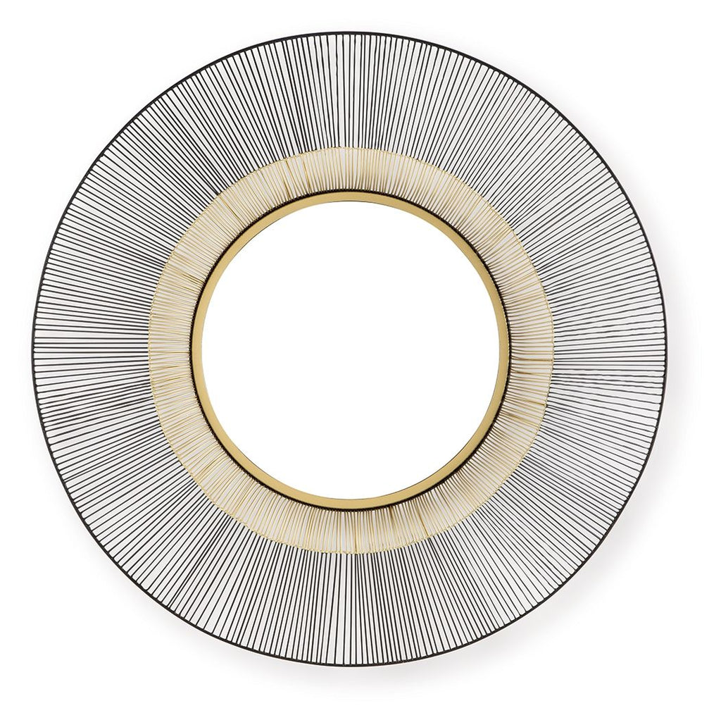 Round accent mirror with black ribbed frame and gold inner ring