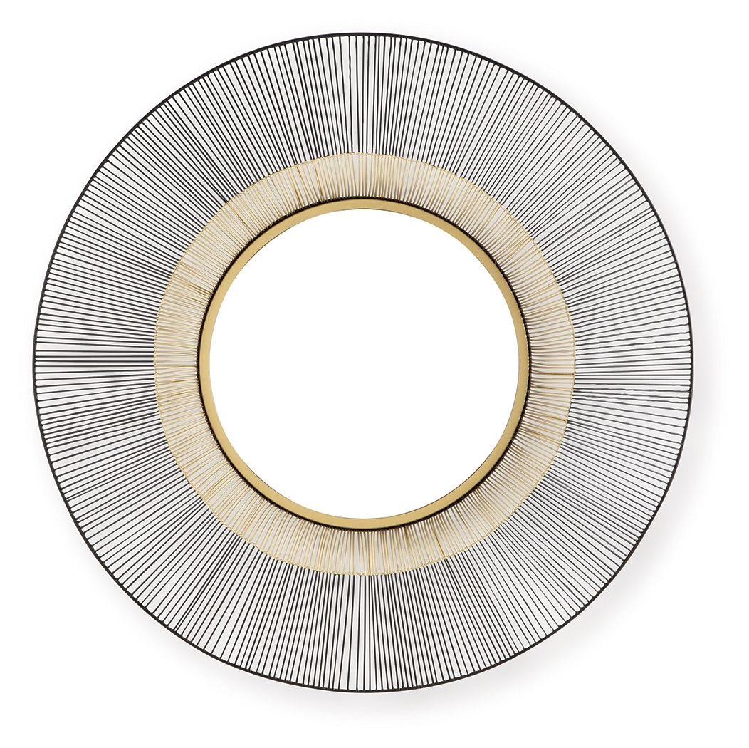 Round accent mirror with black ribbed frame and gold inner ring
