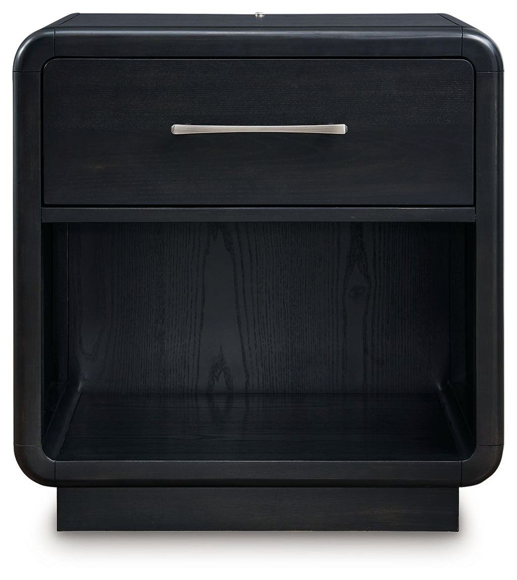 Rowanbeck black night stand with one drawer and open shelf, front view