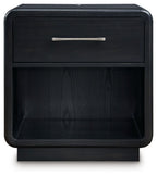 Rowanbeck black night stand with one drawer and open shelf, front view