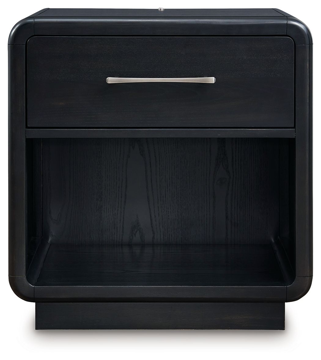 Rowanbeck black night stand with one drawer and open shelf, front view