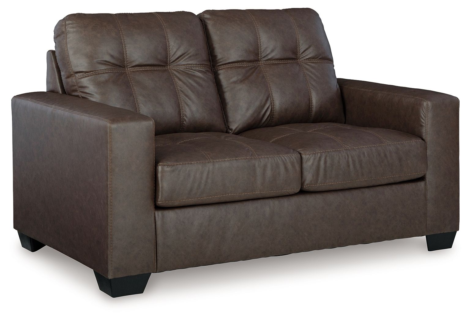 Dark brown loveseat with tufted back and padded arms, boxed seat cushions