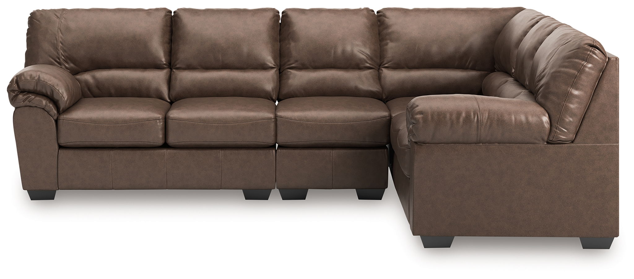 Sectional sofa with dark brown leather-look upholstery, chaise corner and boxed seats