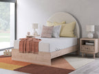 Upholstered panel bed with beige headboard, white mattress, and light wood storage base