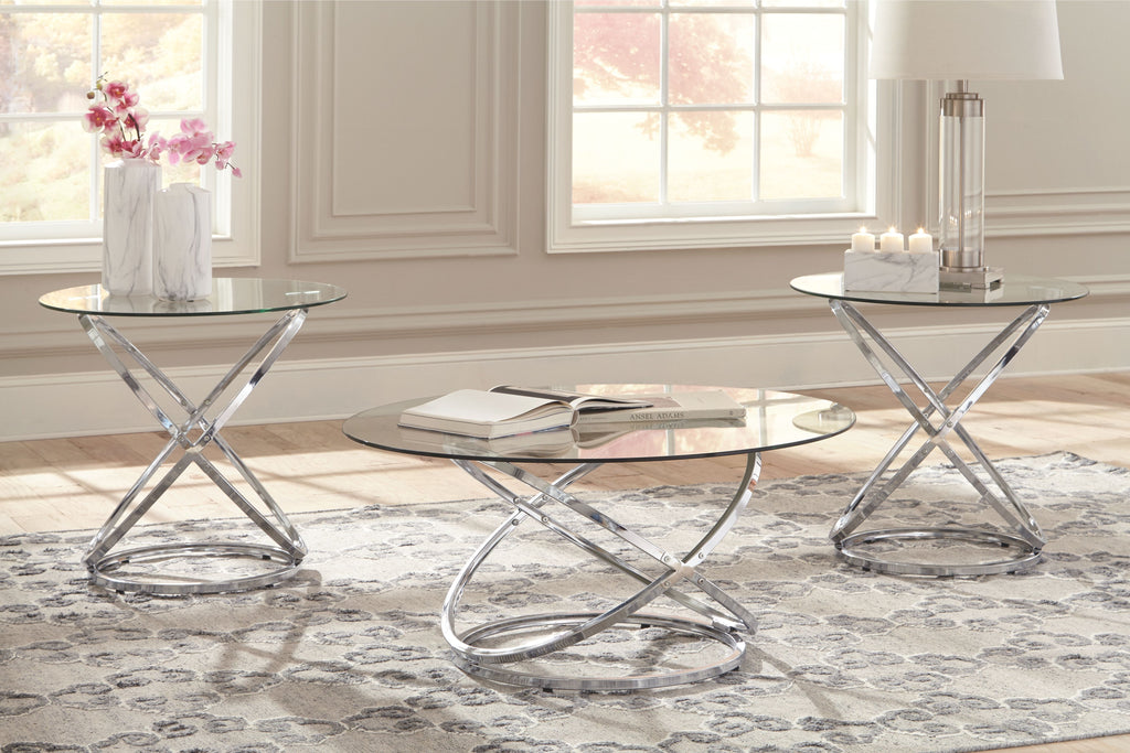 Occasional table set with three round glass tops and chrome crossed supports