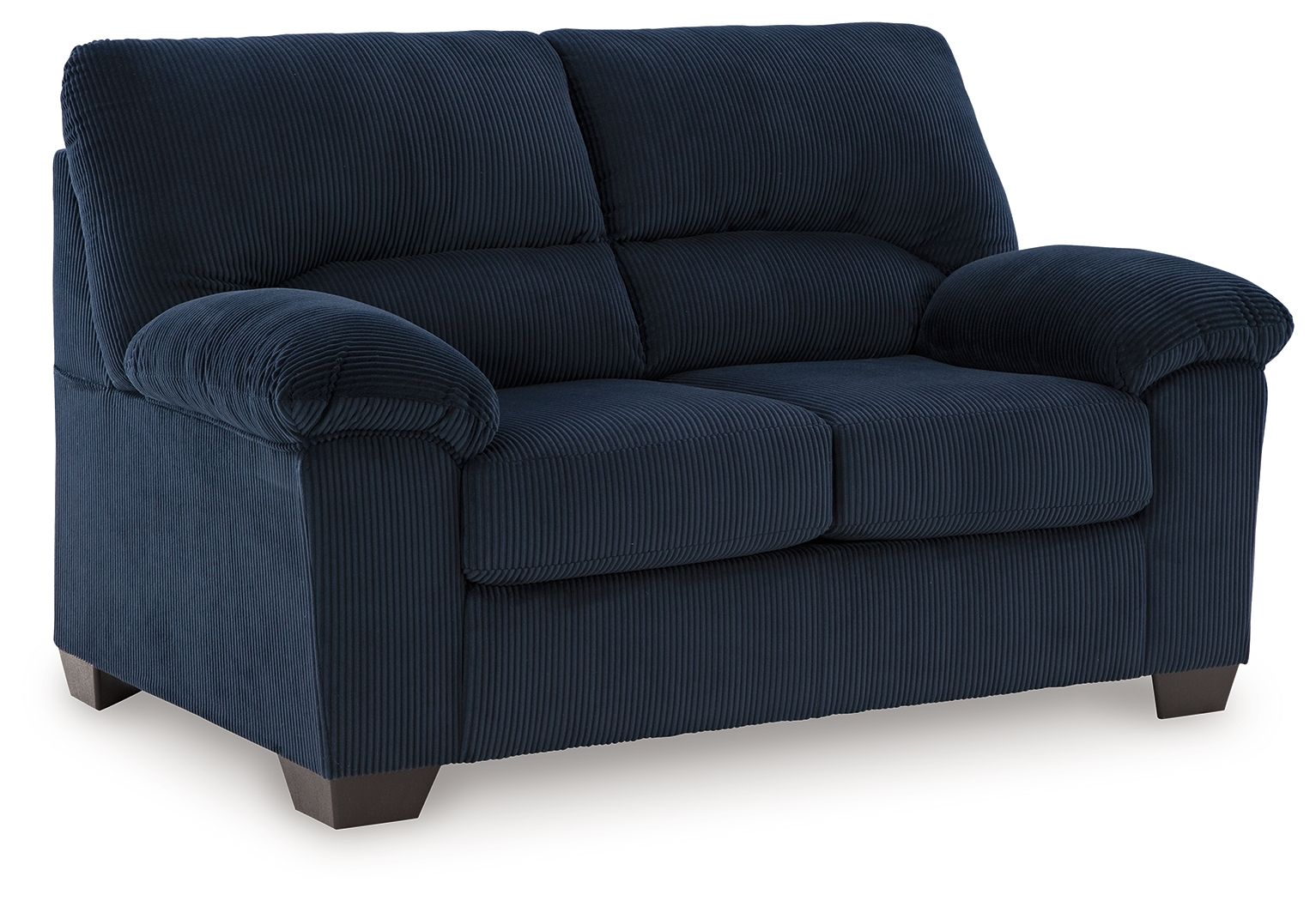 Navy corduroy loveseat with rolled arms, padded seat, and boxy back cushions