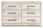 Light natural six-drawer dresser with two columns of drawers and black bar pulls, front view.