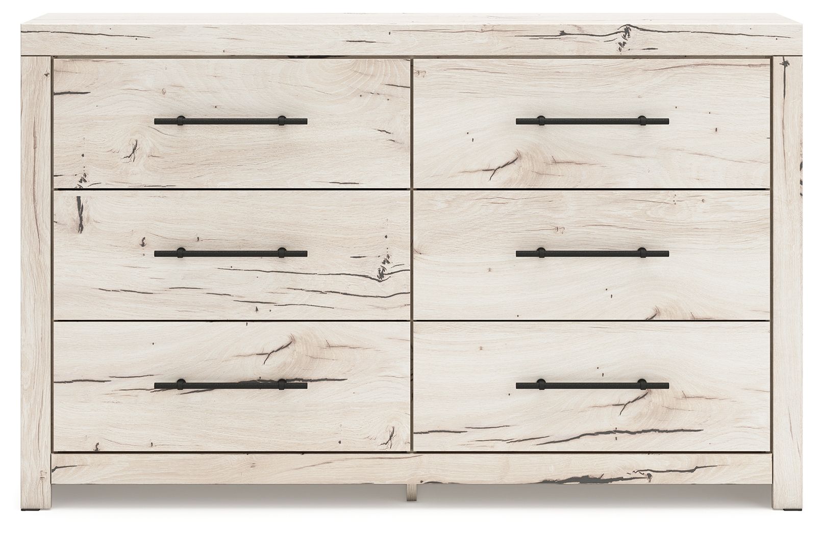 Light natural six-drawer dresser with two columns of drawers and black bar pulls, front view.