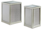 Set of 2 silver nesting end tables with textured sides and glass tops, front corner views