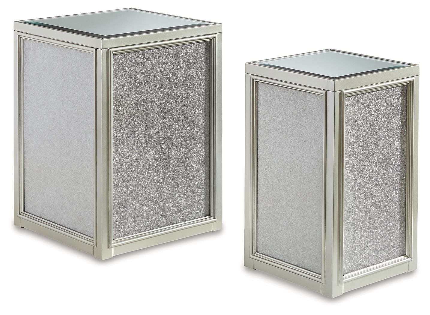 Set of 2 silver nesting end tables with textured sides and glass tops, front corner views