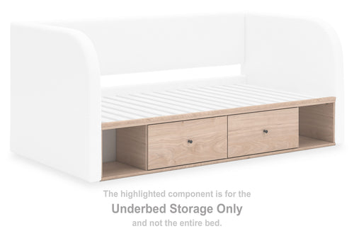 Tan underbed storage with two drawers and open shelf under bed frame