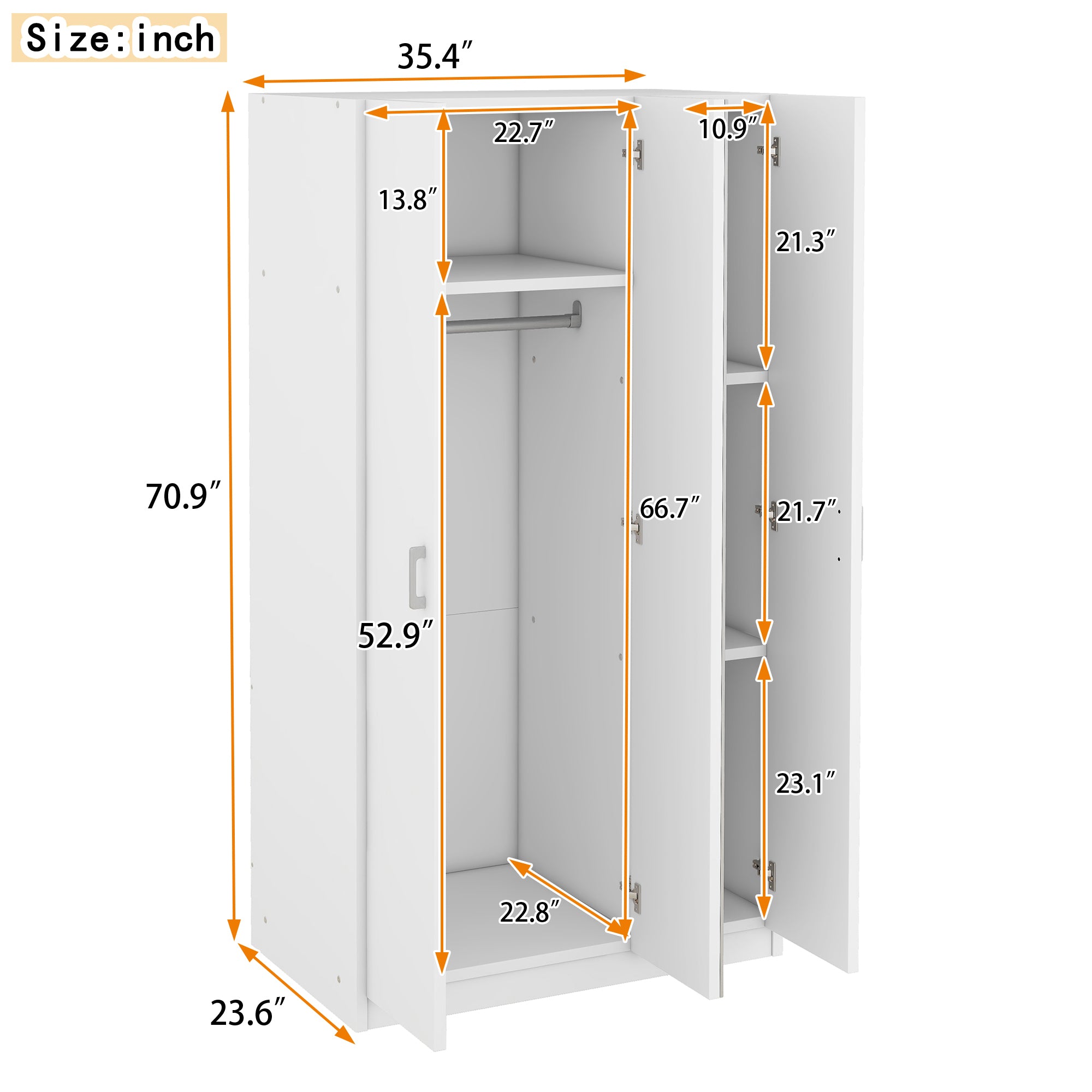 3 Door Wardrobe w/ Mirror, Hanging Rod, White