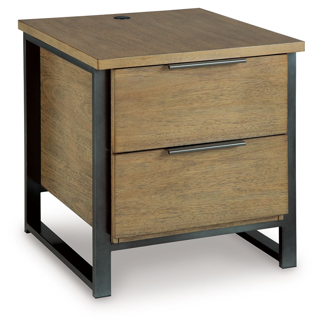 Light brown wood table with side cabinet and two drawers, black metal frame legs