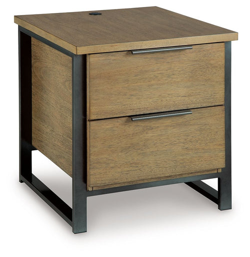 Light brown wood table with side cabinet and two drawers, black metal frame legs