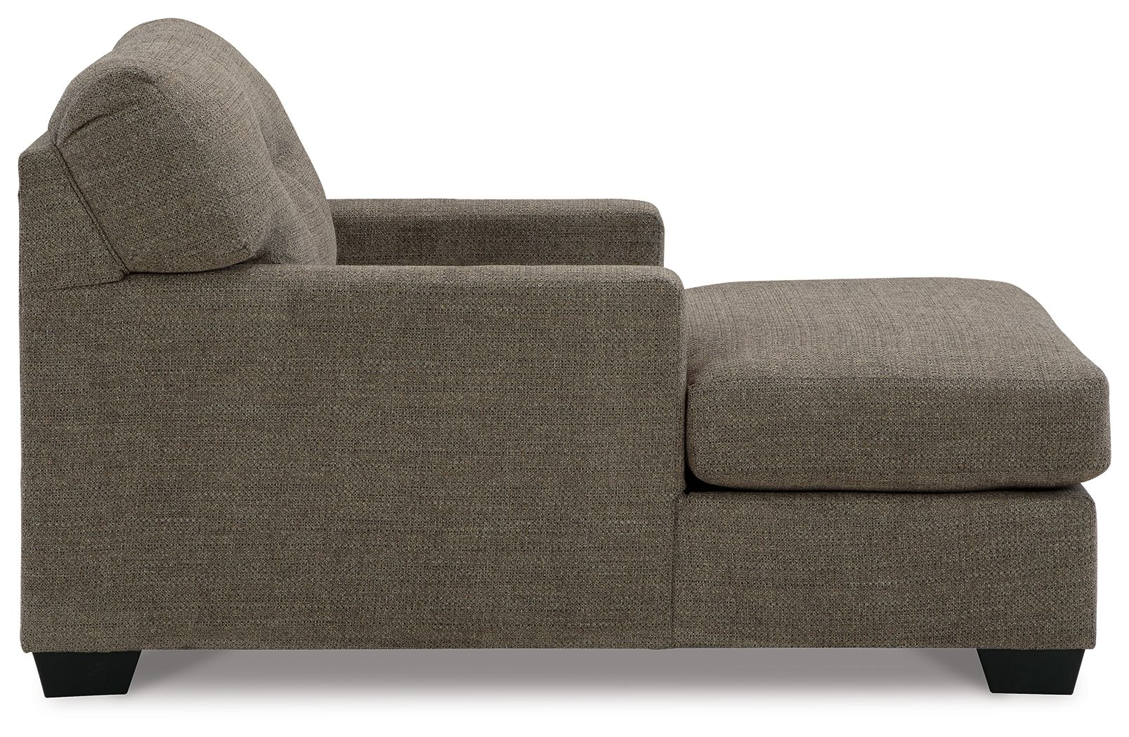 Dark brown upholstered chaise chair with rounded back, track arms, and matching ottoman