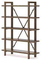 Brown wooden bookcase with open shelves and diagonal braces on side panels
