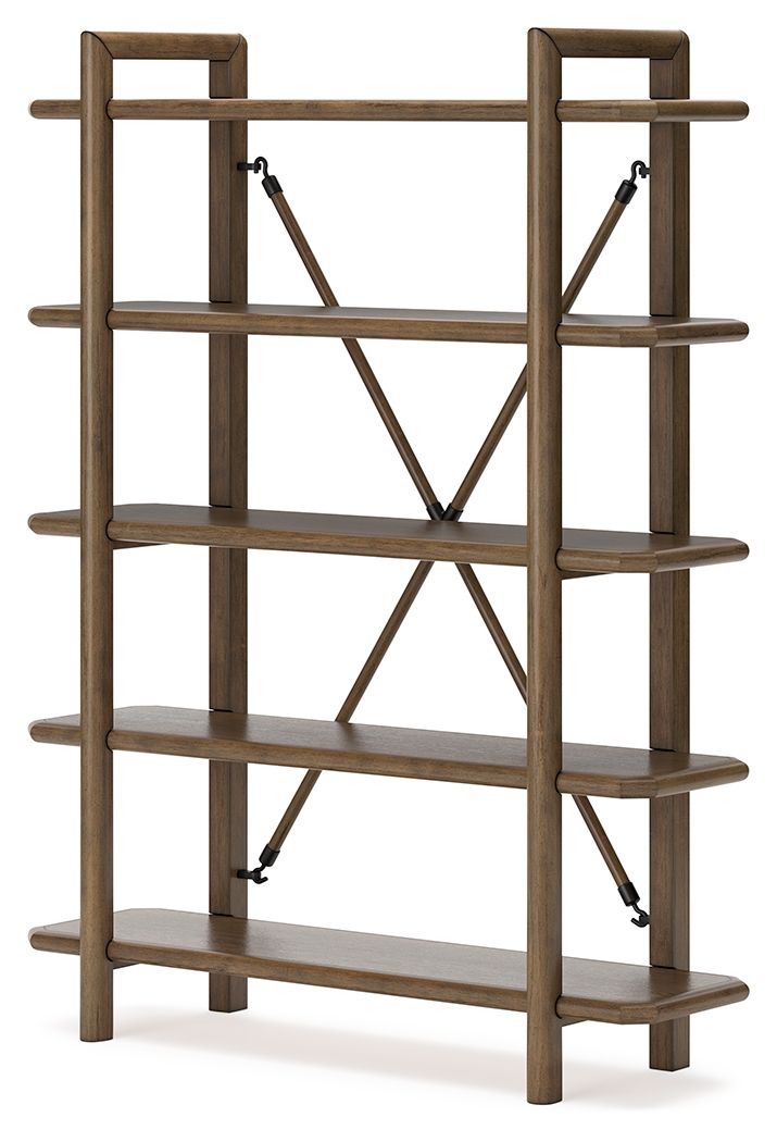 Brown wooden bookcase with open shelves and diagonal braces on side panels