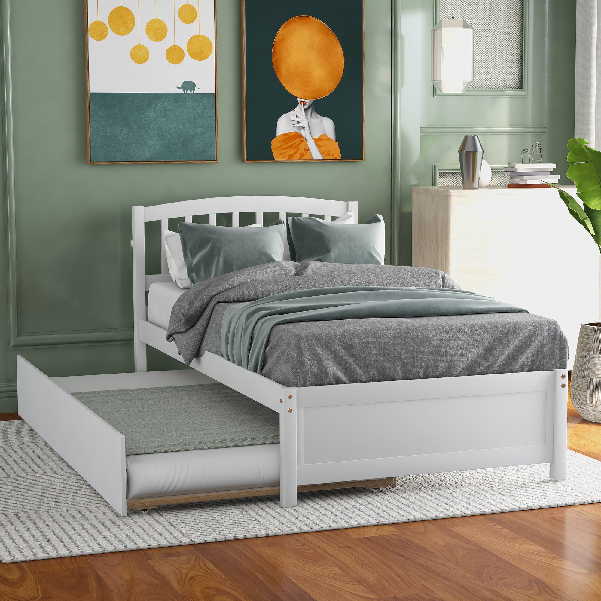 Twin White Wood Platform Bed Frame with Trundle