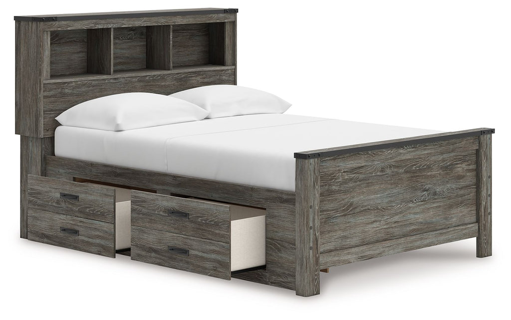 Gray bookcase panel bed with two storage drawers, white mattress, and open-shelf headboard.