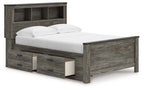Gray bookcase panel bed with two storage drawers, white mattress, and open-shelf headboard.