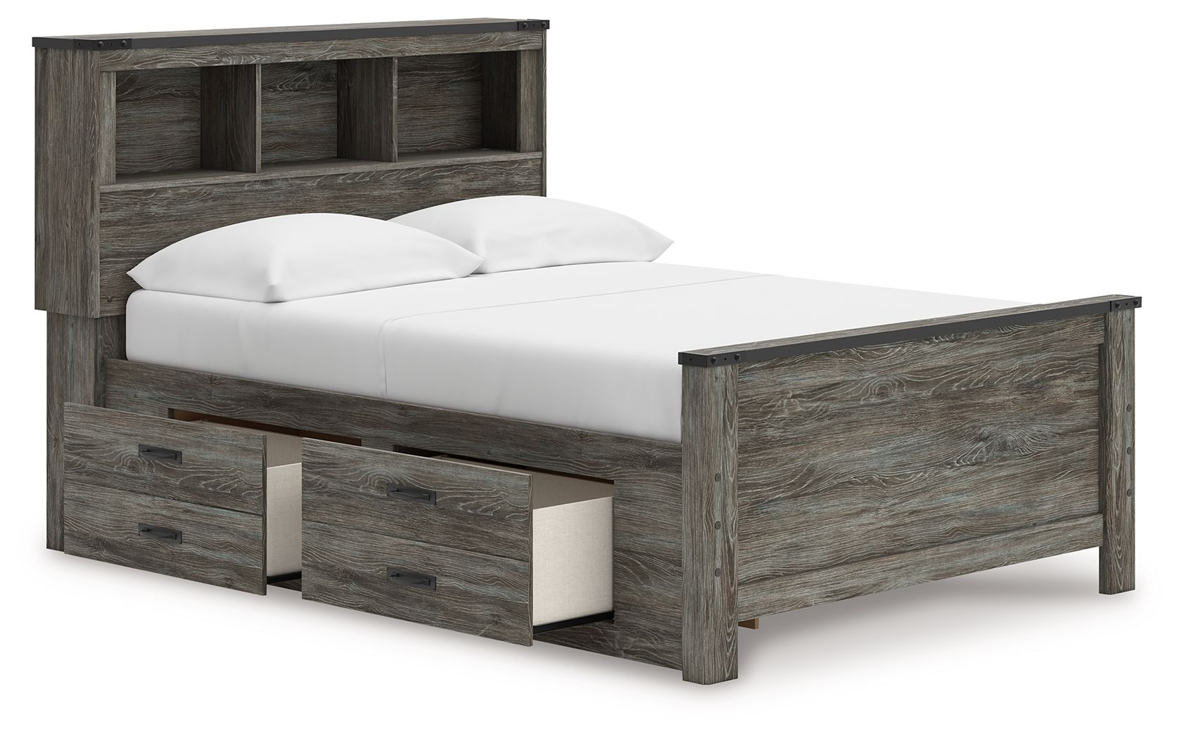 Gray bookcase panel bed with two storage drawers, white mattress, and open-shelf headboard.
