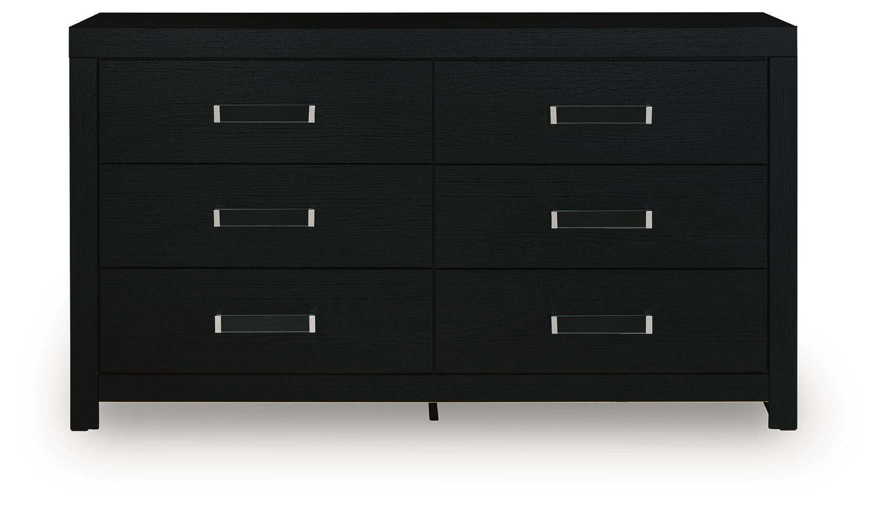 Black six-drawer dresser with three stacked drawers and silver bar pulls, front view.