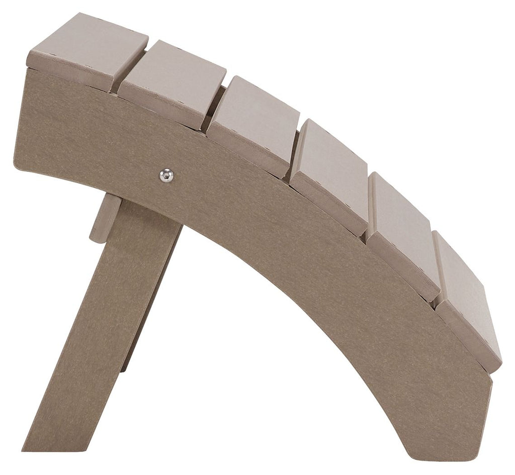 Driftwood wooden slat ottoman angled view with taupe seat and four legs.
