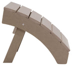Driftwood wooden slat ottoman angled view with taupe seat and four legs.