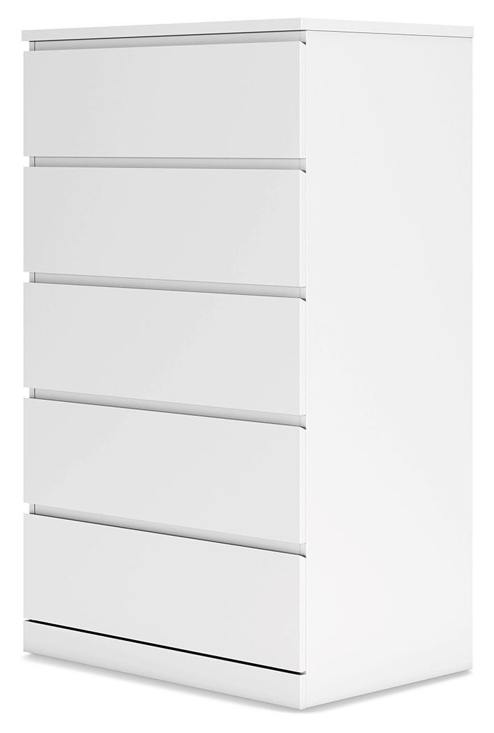 White five-drawer chest, side view showing five drawer fronts and straight edges