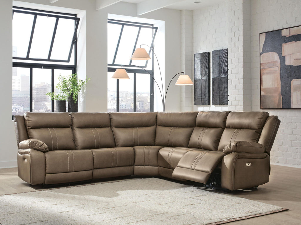 Taupe-brown power reclining sectional sofa with chaise and recliner footrest