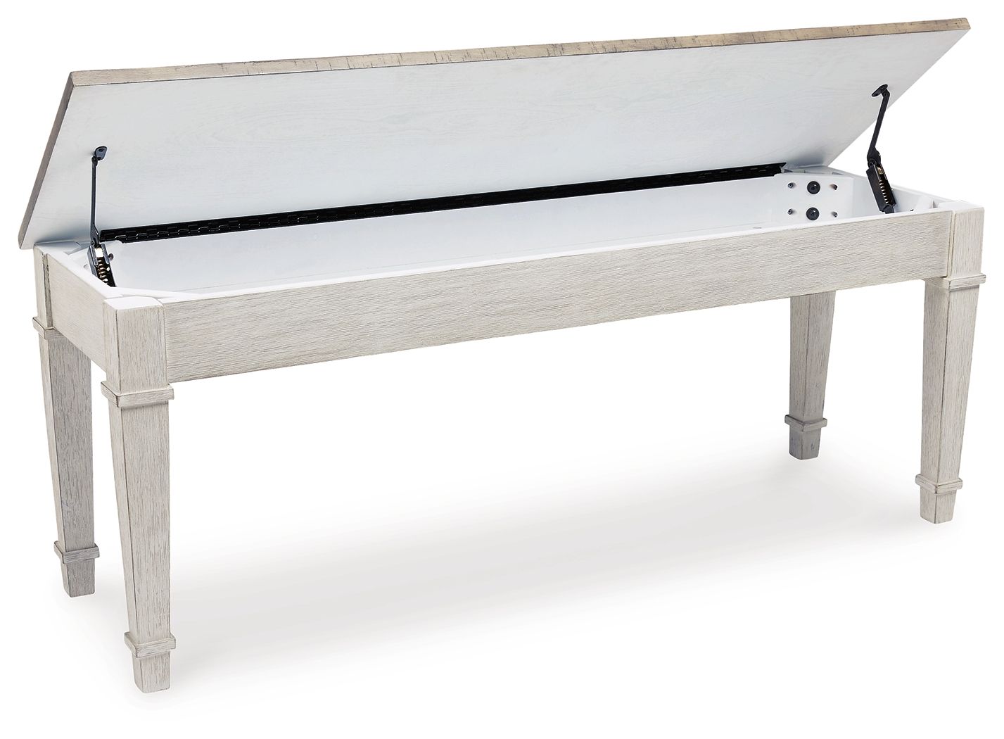 White storage bench with open lid showing storage compartment and metal lift brackets
