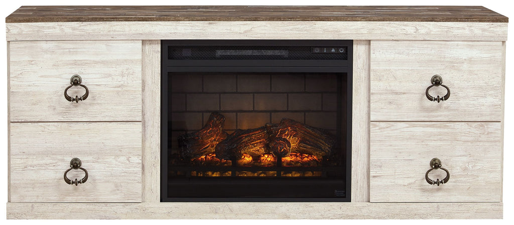 Light wood entertainment center with central electric fireplace and side cabinet doors