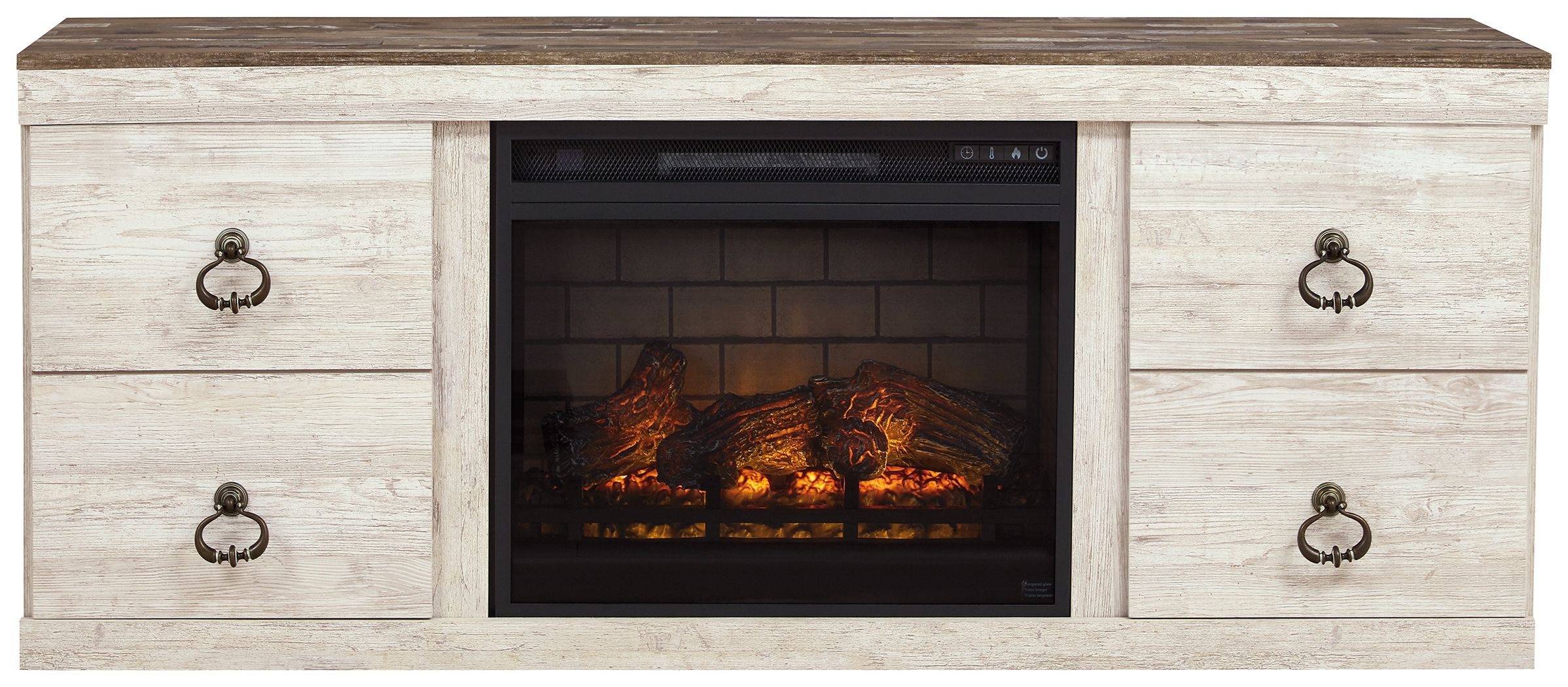 Light wood entertainment center with central electric fireplace and side cabinet doors