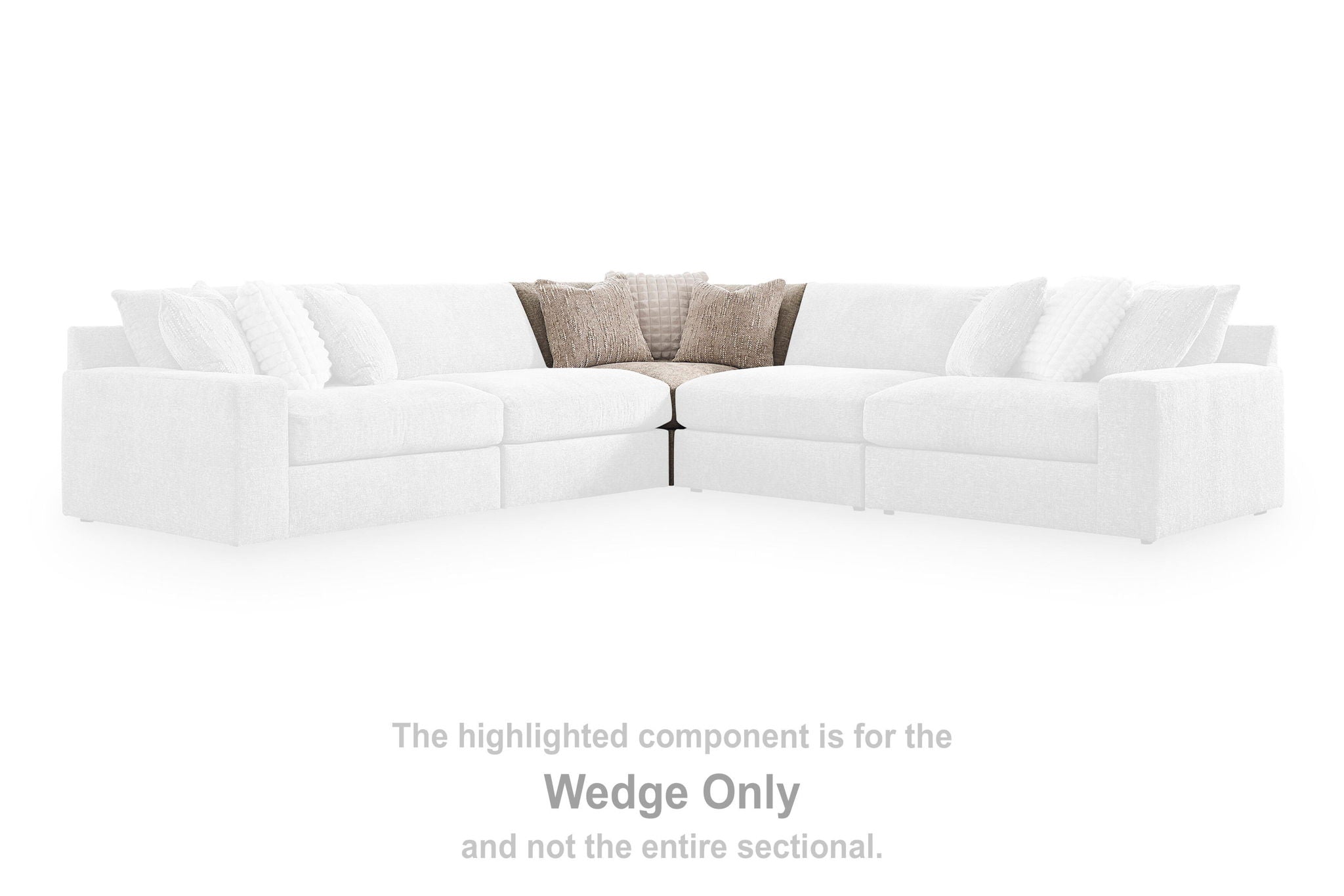 Upholstered sectional wedge sofa, light neutral upholstery, highlighted wedge section