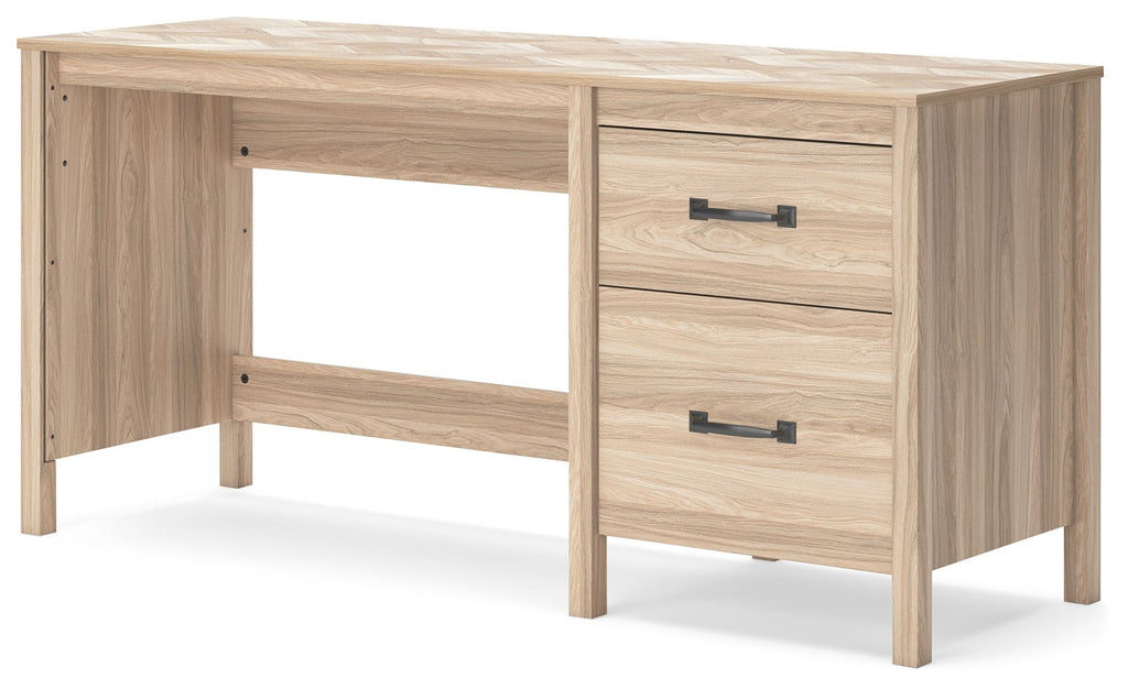 Tan home office desk with two drawers and large open workspace