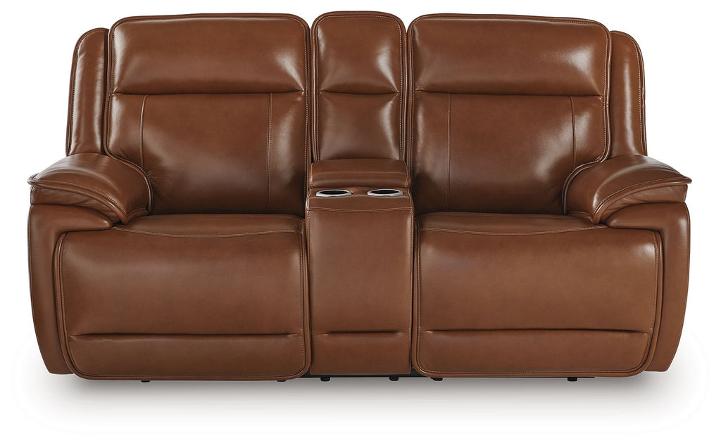Chocolate brown reclining loveseat with center console and padded armrests