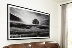 Framed black-and-white landscape wall art with lone tree and rolling hills