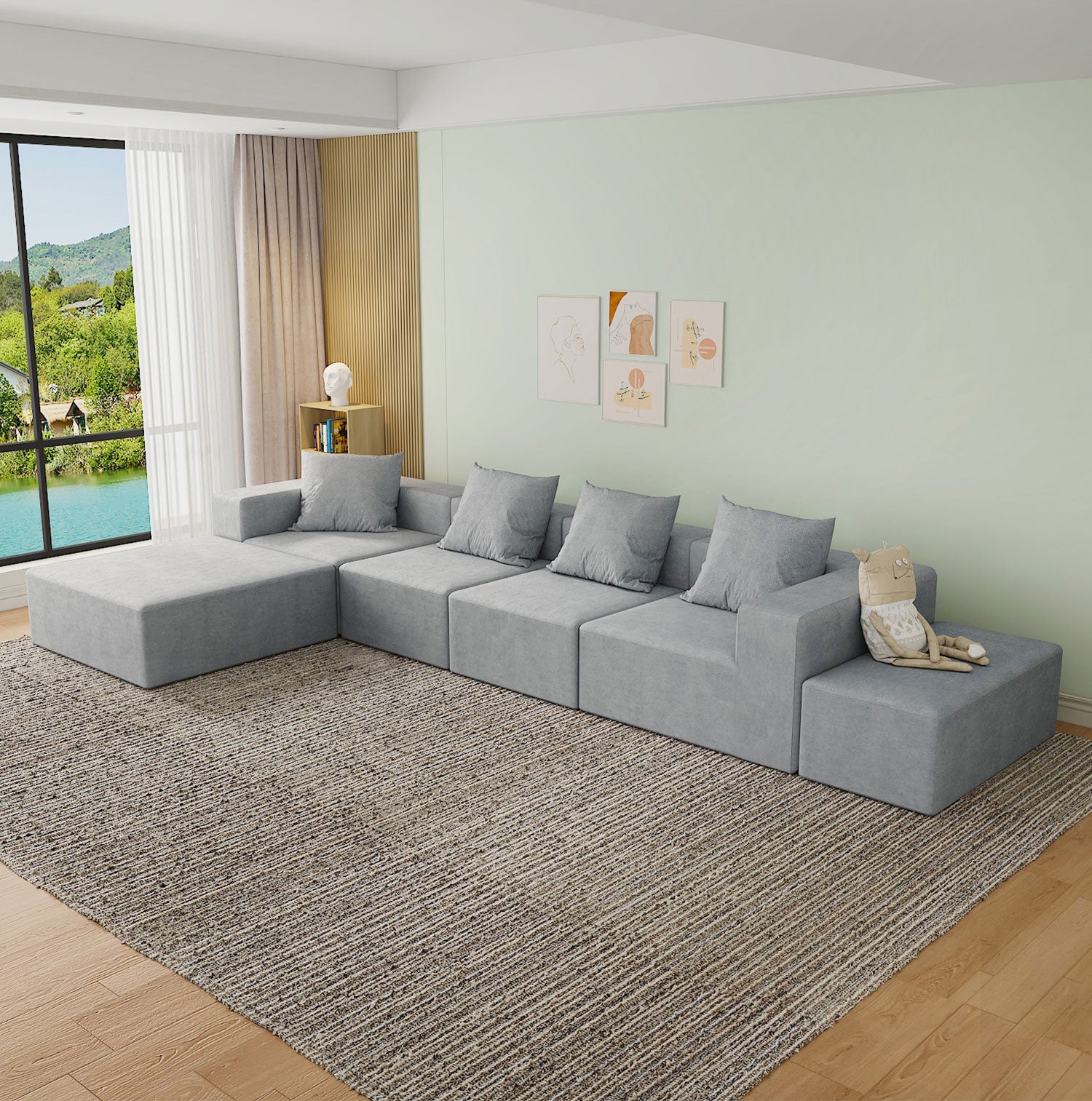 Modular Grey 4-Seat Sectional Sofa with Ottoman Cloud Couch