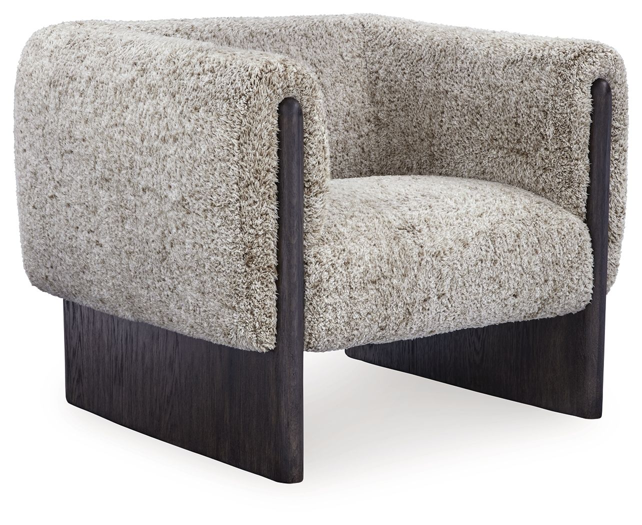 Accent chair with oatmeal boucle upholstery, dark wood legs, and rounded armrests.