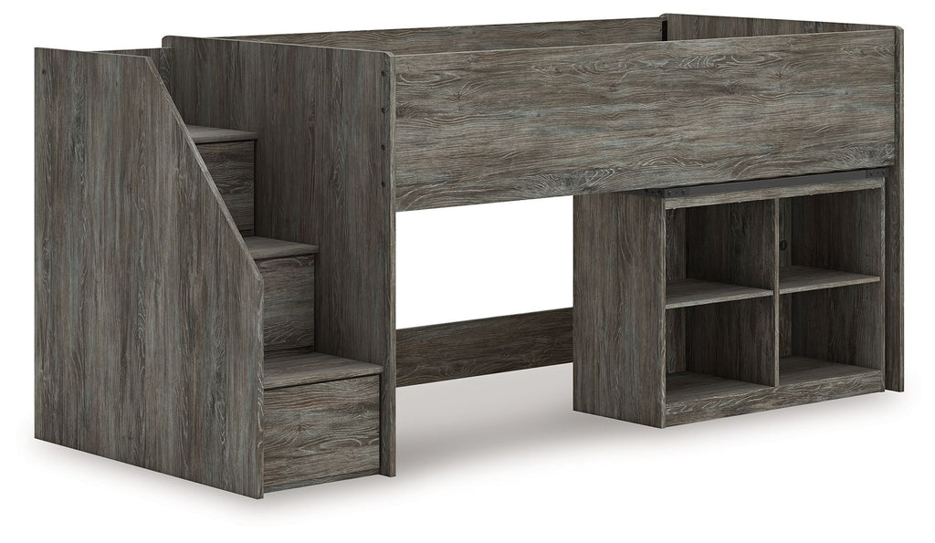Gray loft bed with storage steps and right-side open bookcase shelving