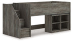 Gray loft bed with storage steps and right-side open bookcase shelving