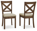 Set of 2 dining side chairs, beige upholstered padded seats, dark wood cross-back, nailhead trim