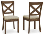Set of 2 dining side chairs, beige upholstered padded seats, dark wood cross-back, nailhead trim