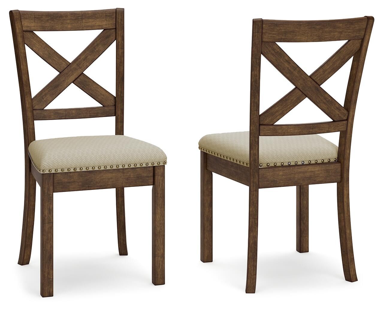 Set of 2 dining side chairs, beige upholstered padded seats, dark wood cross-back, nailhead trim