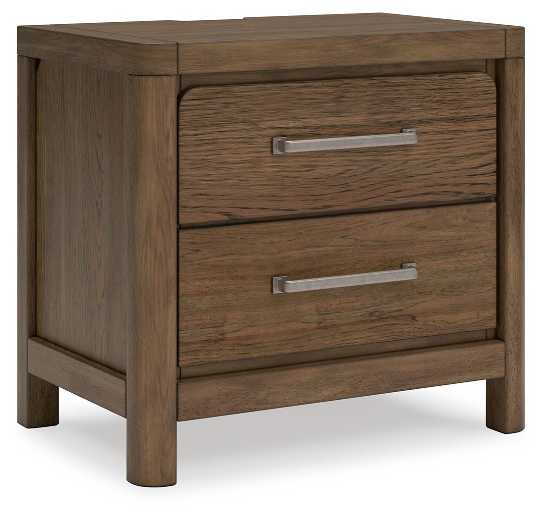 Cabalynn light brown two-drawer night stand with silver bar handles