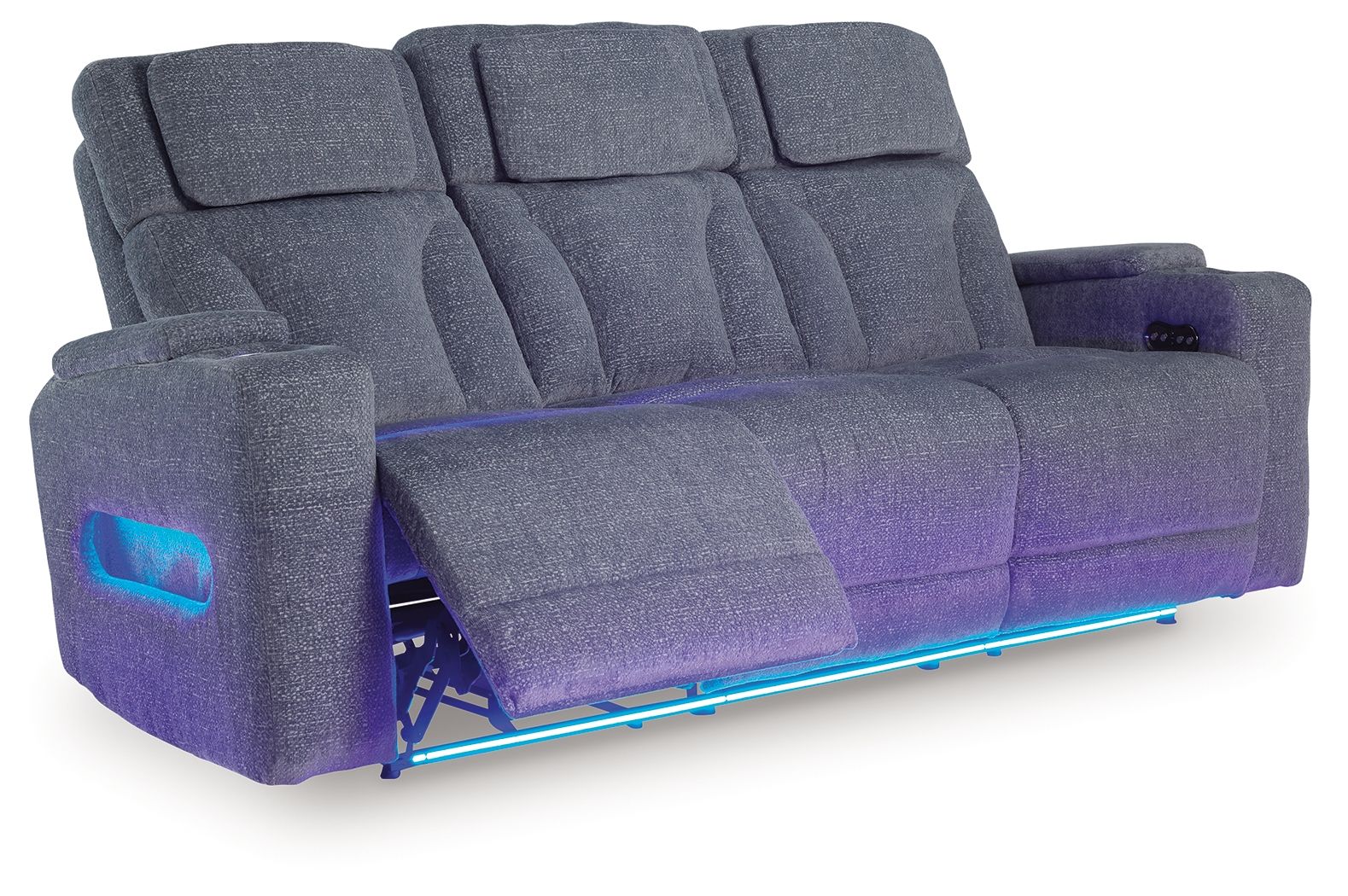 Steel gray reclining sofa with footrest extended and blue light underframe