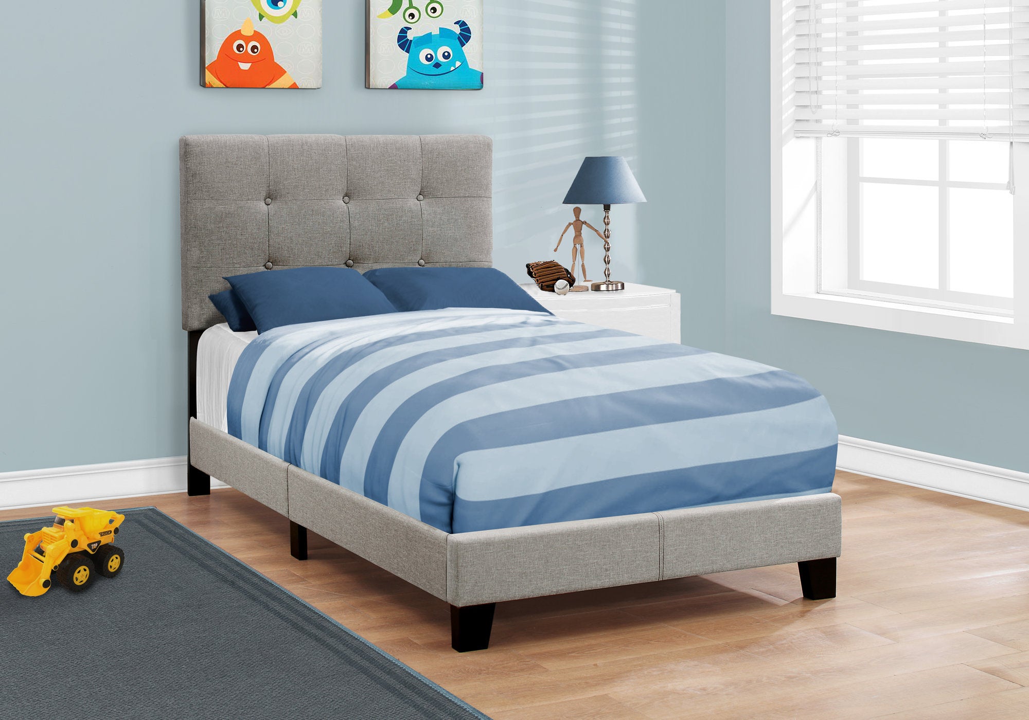 Twin Upholstered Bed Frame Grey Linen Look Youth Teen Transitional