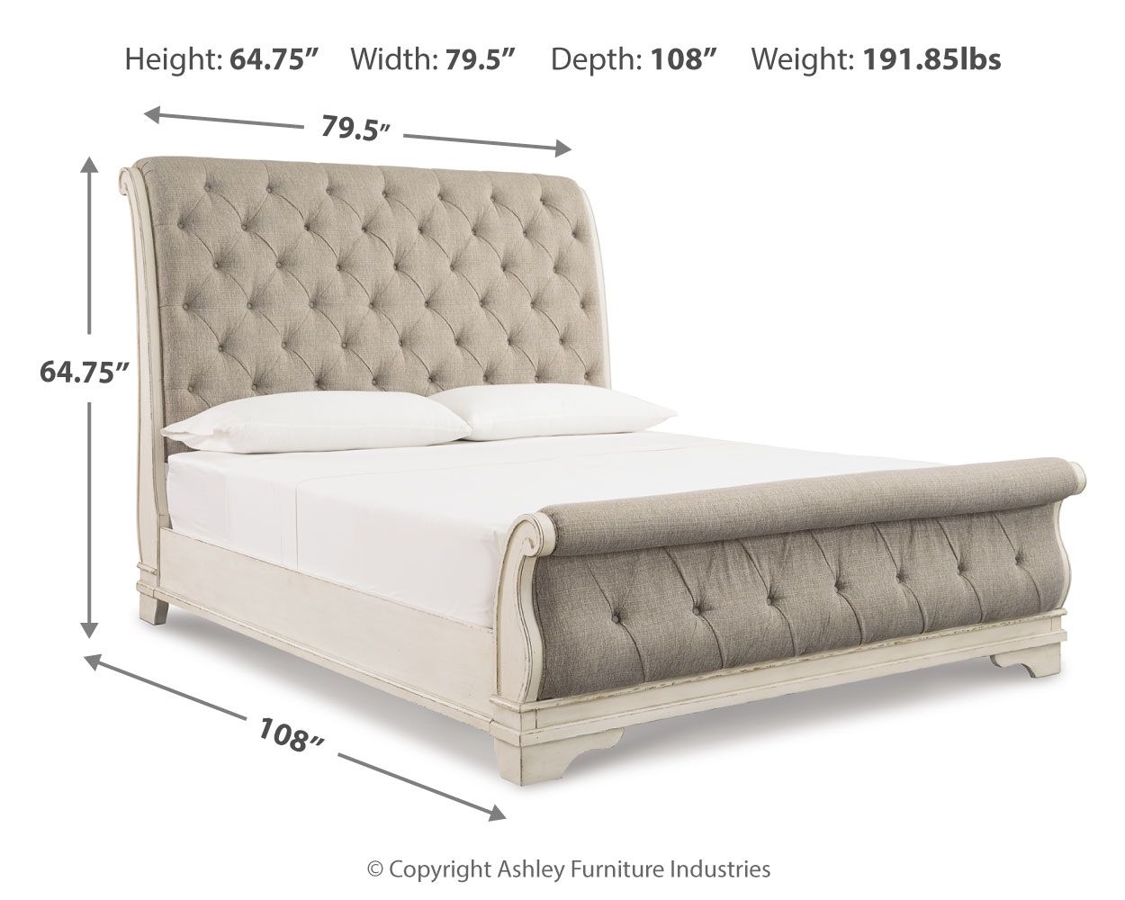 Gray upholstered sleigh bed with tufted headboard and curved rails on a white base