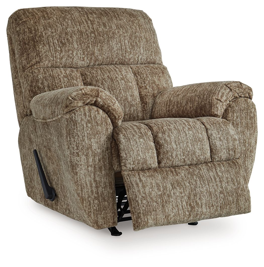 Taupe rocker recliner chair with padded arms and panel stitching, side lever