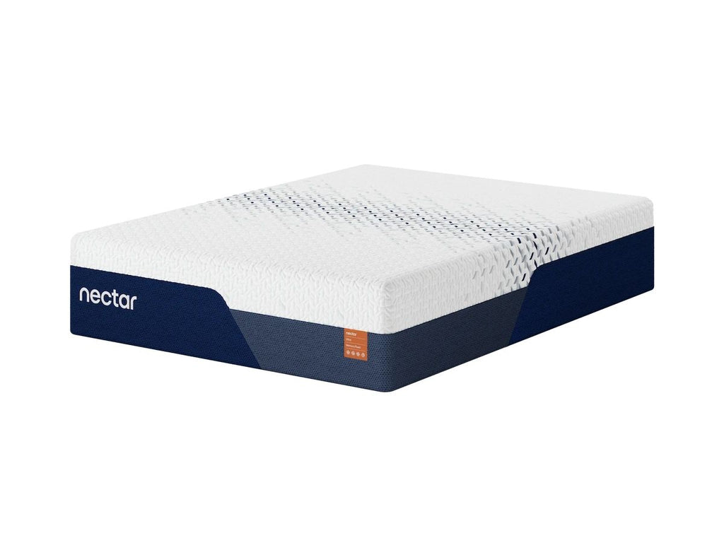 Nectar white fabric mattress with dark blue sides and nectar logo on corner